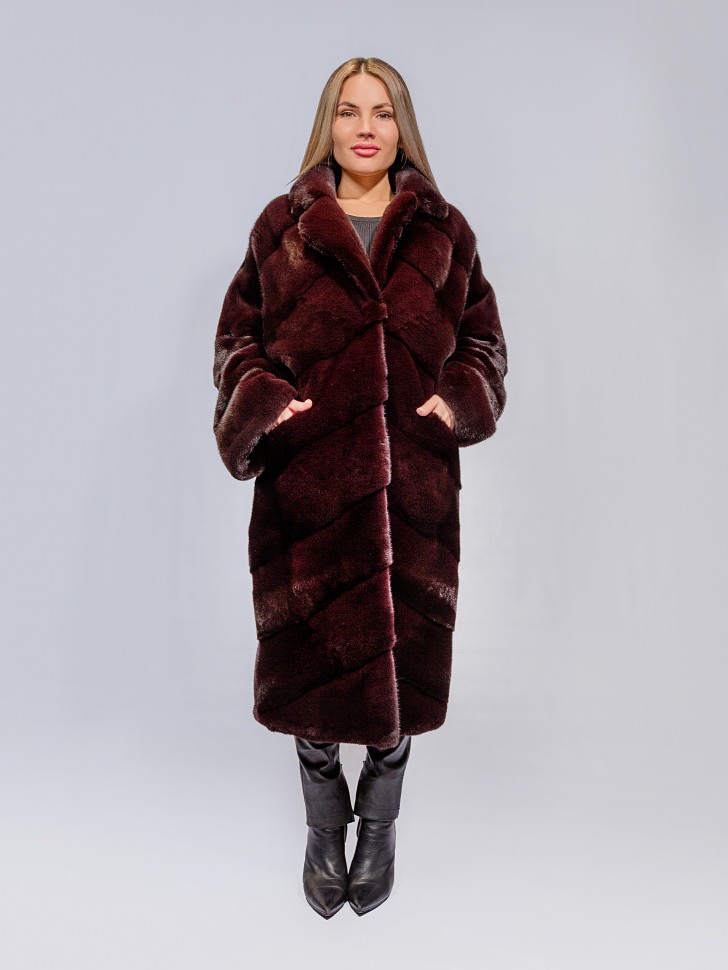 Пальто женское из меха норки импорт "Паркет" англ. ворот цвет бордовый дл.110