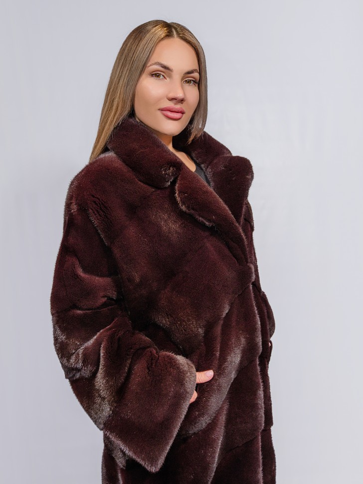 Пальто женское из меха норки импорт "Паркет" англ. ворот цвет бордовый дл.110