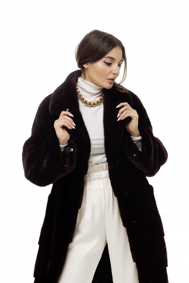 Пальто женское из меха норки импорт "Паркет" англ. ворот цвет бордо дл.105