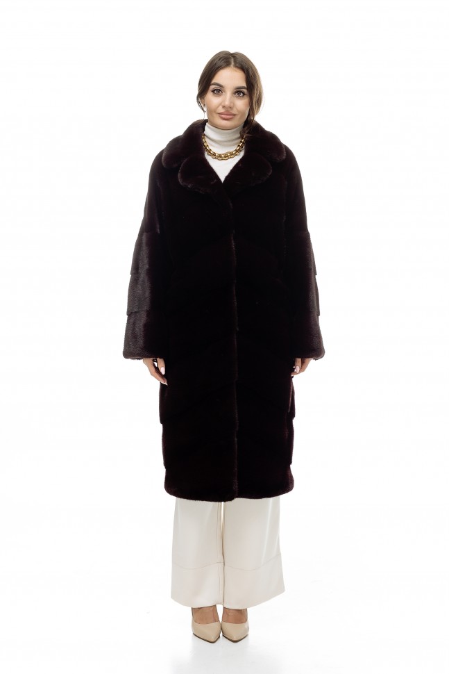 Пальто женское из меха норки импорт "Паркет" англ. ворот цвет бордо дл.105
