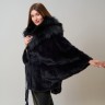 Пальто женское из меха норки "Летучая мышь" с капюшоном отделка лиса цвет чернильный дл.80