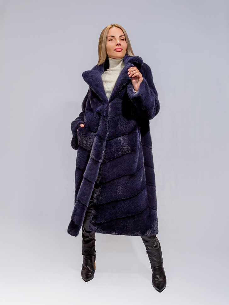 Пальто женское из меха норки импорт "Паркет" англ. ворот цвет синий дл.110
