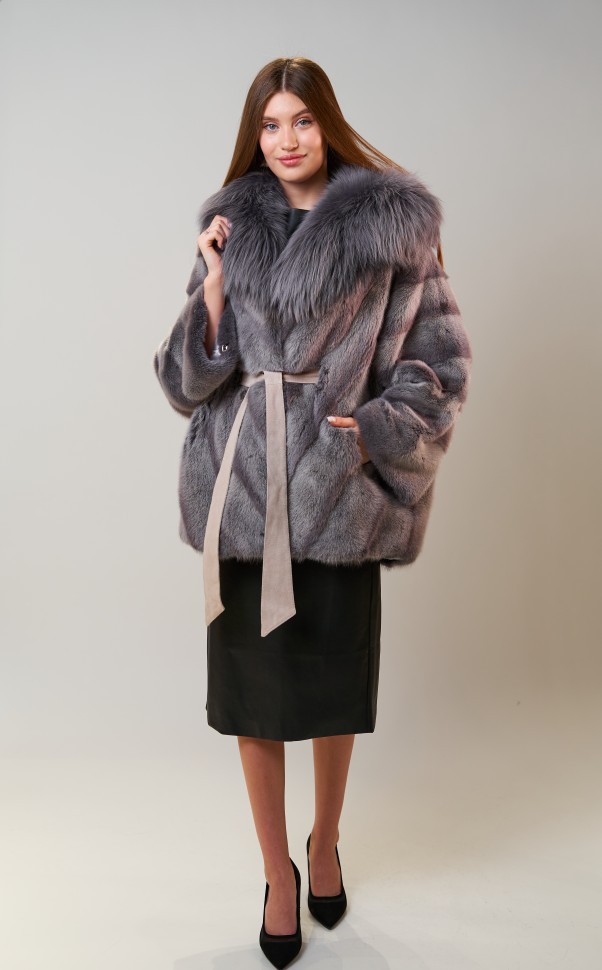 Пальто женское из меха норки "Летучая мышь" с капюшоном отделка лиса цвет платина дл.80