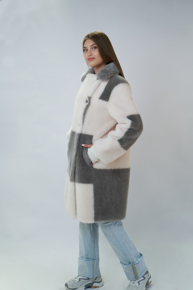 Пальто из шерсти мериноса двубортное цвет белый/серый