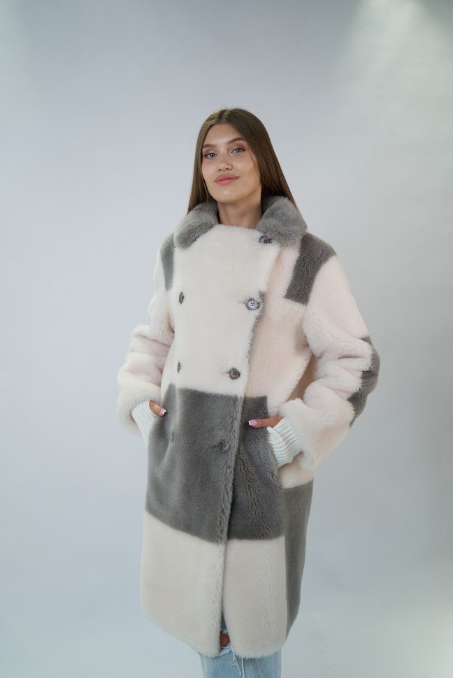 Пальто из шерсти мериноса двубортное цвет белый/серый