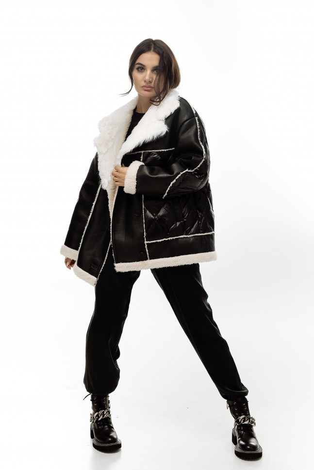 Куртка из шерсти мериноса комбинированная отделка мерлушка цвет черный