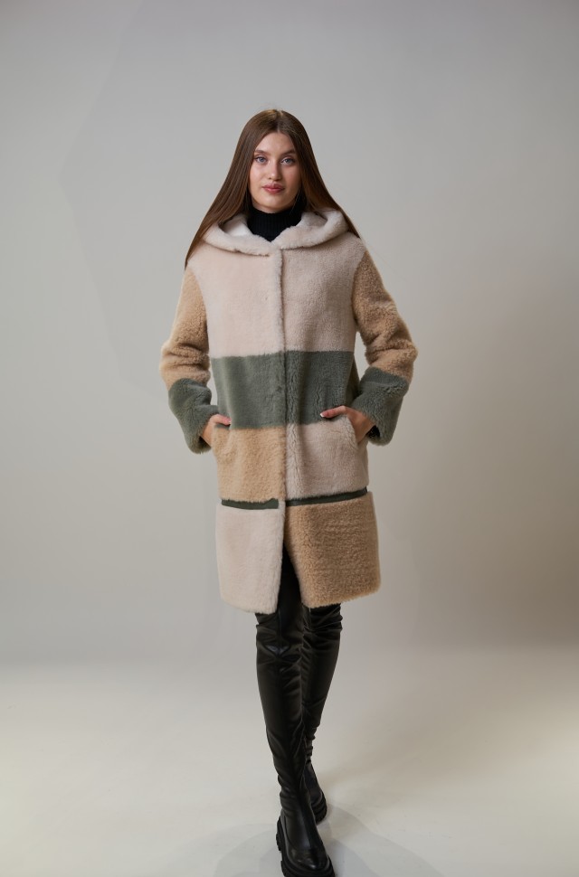 Пальто из шерсти мериноса с капюшоном цвет оливковый/беж/мол