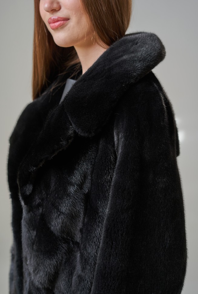 Пальто женское из меха норки импорт "Паркет" англ. ворот цвет черный дл.115