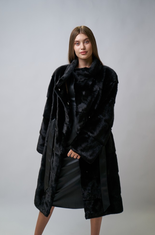 Пальто женское из меха норки импорт "Прадо" ворот стойка цвет черный дл. 110