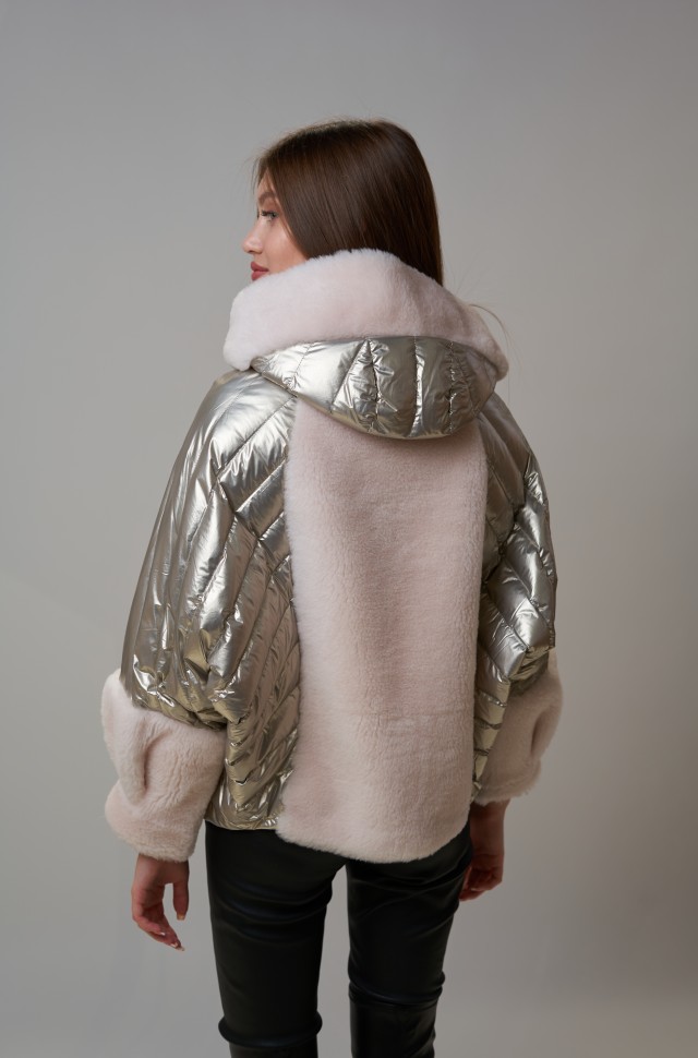 Куртка комбинированная из шерсти мериноса с капюшоном цвет серебристый