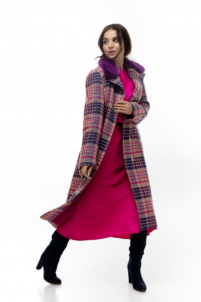 Пальто женское Мехико отделка норка клетка цвет фиолетовый