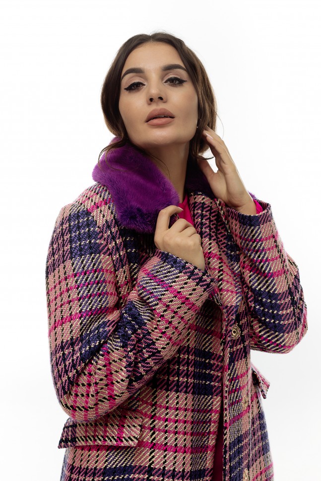 Пальто женское Мехико отделка норка клетка цвет фиолетовый