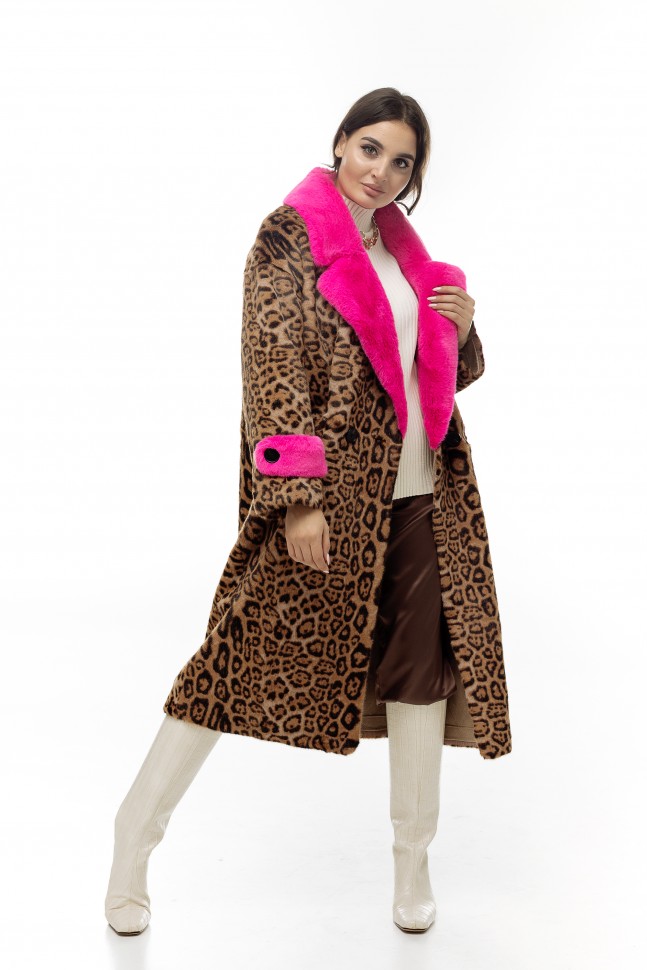 Пальто из искусственного меха цвет леопард/розовый