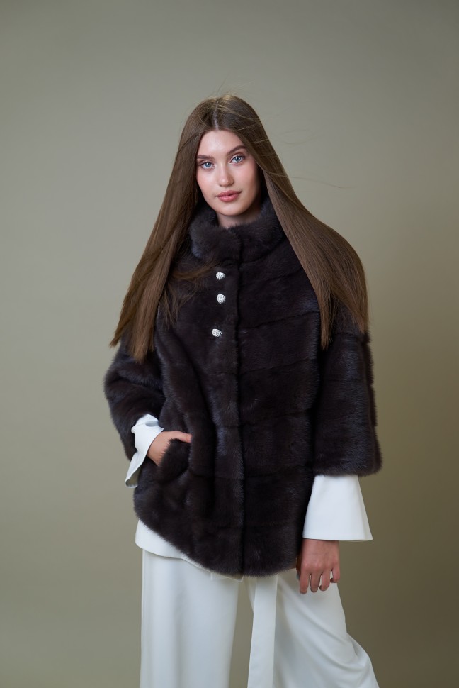 Пальто женское из меха норки "Рубашка" ворот стойка цвет уголь дл. 70