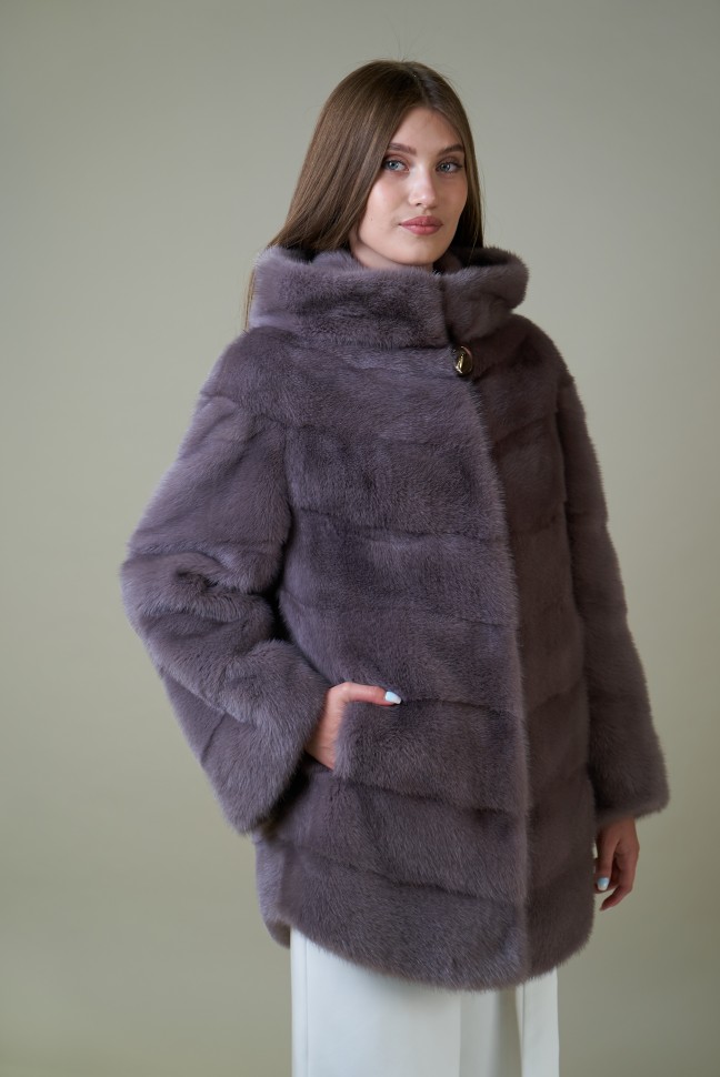 Пальто женское из меха норки "Рубашка" с капюшоном цвет лаванда дл. 70