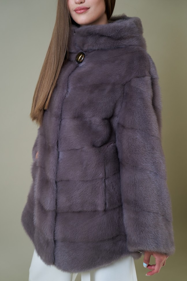 Пальто женское из меха норки "Рубашка" с капюшоном цвет лаванда дл. 70
