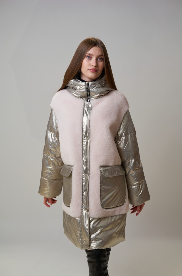 Куртка из шерсти мериноса комбинированная с капюшоном цвет пудра/серебро
