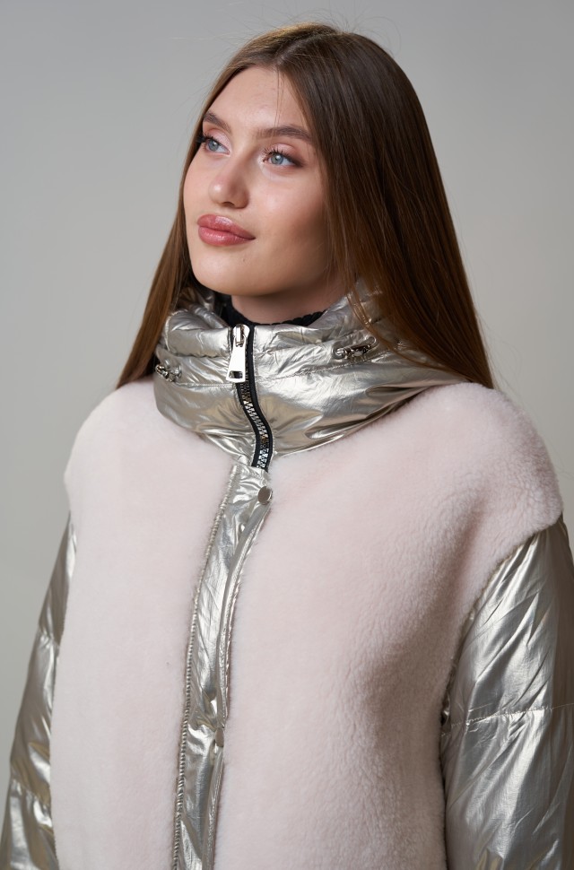 Куртка из шерсти мериноса комбинированная с капюшоном цвет пудра/серебро