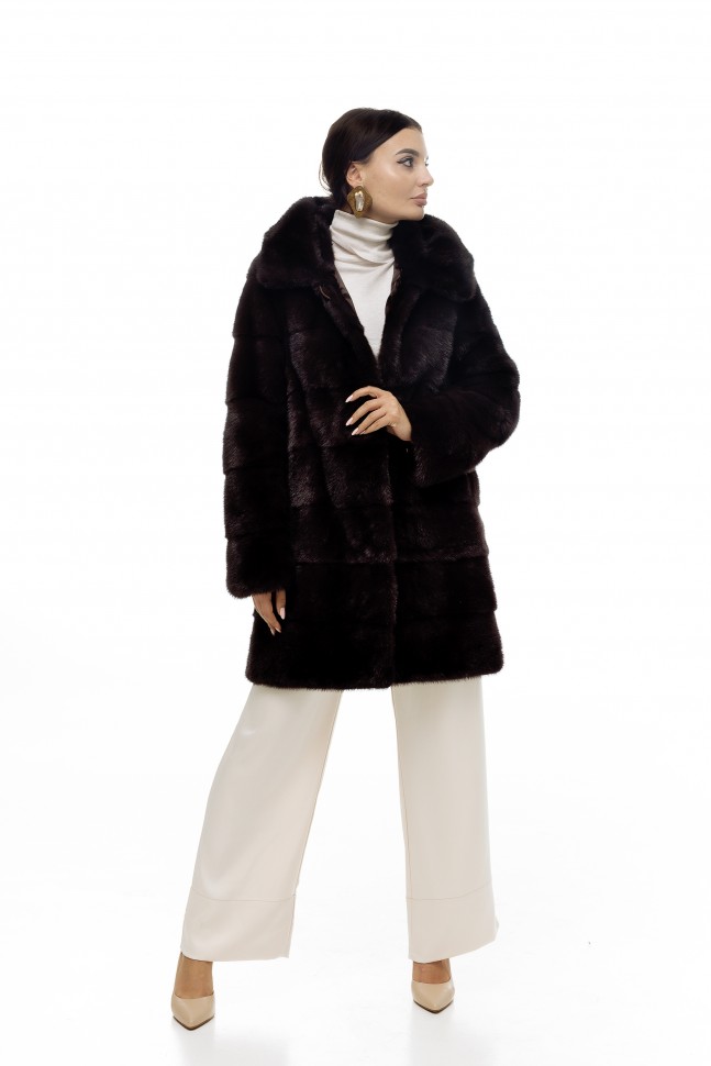 Пальто женское из меха норки "Поперечка" с капюшоном цвет уголь дл. 90