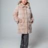Пальто женское из меха норки "Поперечка" с капюшоном цвет пудра дл.90