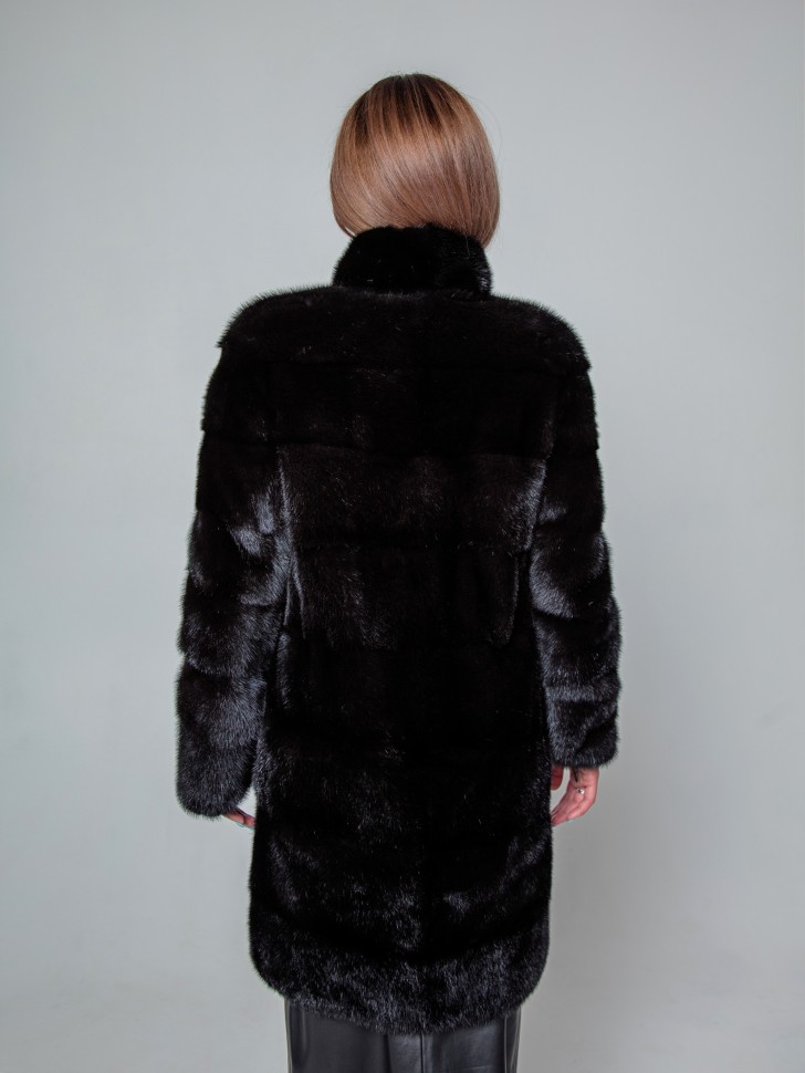 Пальто женское из меха норки "Поперечка" ворот стойка цвет черный дл. 90