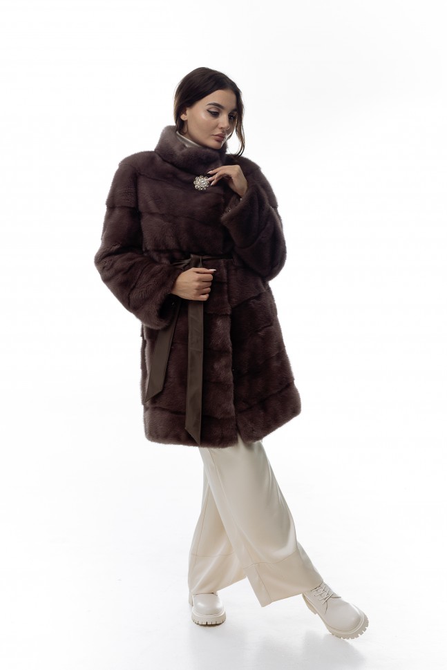 Пальто женское из меха норки "Прадо" ворот стойка цвет лаванда дл.90