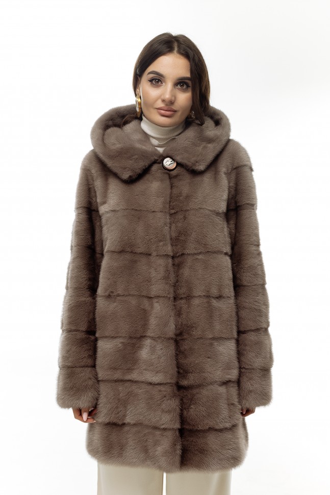 Пальто женское из меха норки "Поперечка" с капюшоном цвет лаванда дл.90